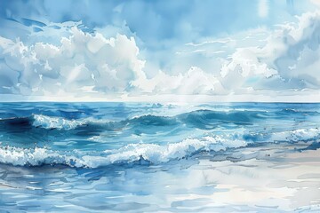 Obraz premium Beautiful Ocean Waves Crashing on a Sandy Beach Under a Blue Sky with Fluffy Clouds - Serene Coastal Landscape