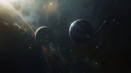 Naklejka premium Celestial Body Floating Amongst Planets in Deep Space, Surreal Cosmic Scene