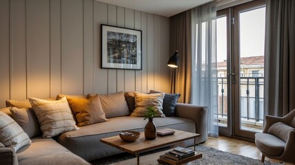 Interior of light living room with grey sofas, coffee table and large window