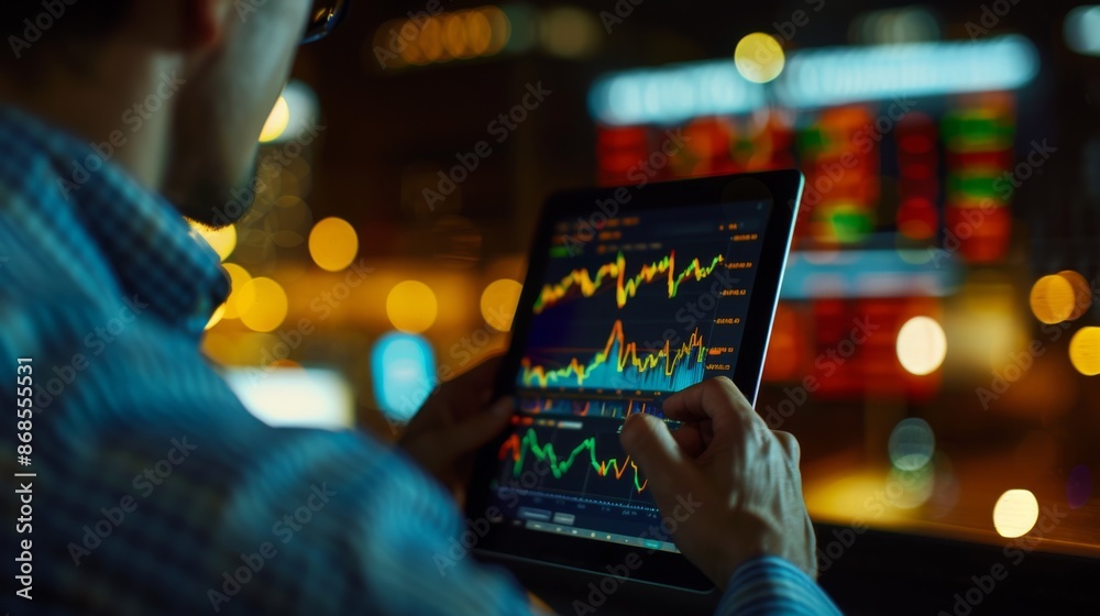 Poster a trader analyzing gold price movements on a tablet, with technical indicators and trading signals d