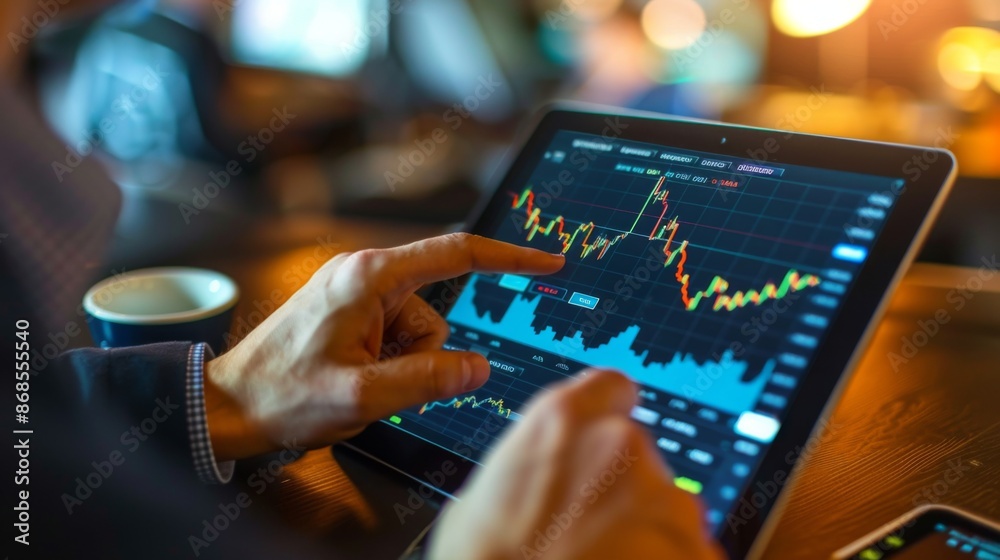 Poster A trader analyzing gold price movements on a tablet, with technical indicators and trading signals displayed on-screen.