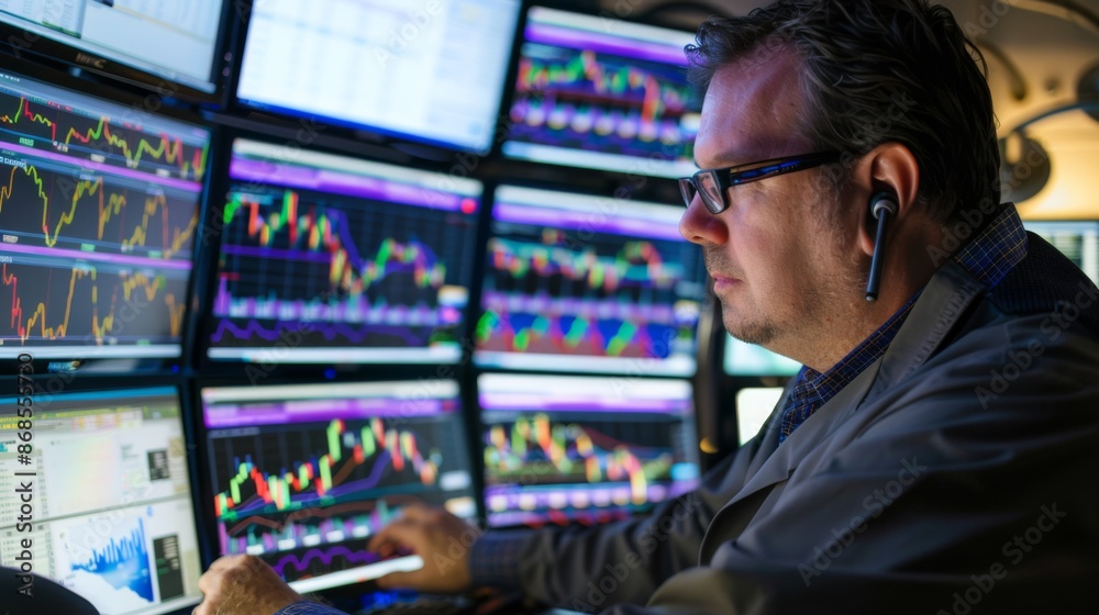 Leinwandbilder a trader monitoring gold prices on multiple computer screens in a trading room, with real-time marke