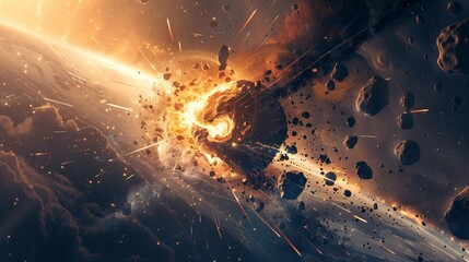 Dynamic Illustration of Asteroid Collision in Outer Space with Fiery Explosion and Debris