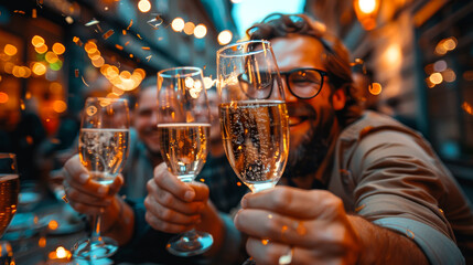 Detailed Close-up of Champagne Glasses Toasting