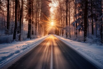 Immerse yourself in the serene beauty of a winter wonderland as you journey down a snowcovered forest road at sunset. Its the perfect setting for a peaceful outdoor getaway in nature