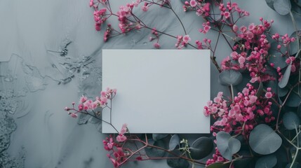 Obraz premium Floral wedding, birthday mockup. Blank textured paper business card, invitation. Limonium flowers and eucalyptus tree branch