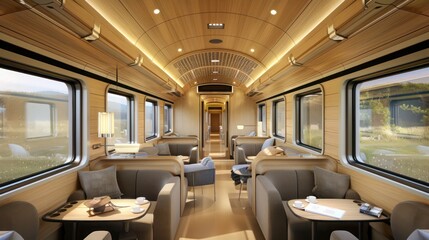 Fototapeta premium modern train carriage interior with walls and ceilings clad in lightweight, fire-resistant wood panels for safety and style