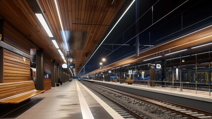 Obraz premium modern train station with wooden accents and sleek, contemporary design
