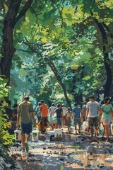 Group of People Walking in a Lush Forest with Sunlight Filtering Through the Trees