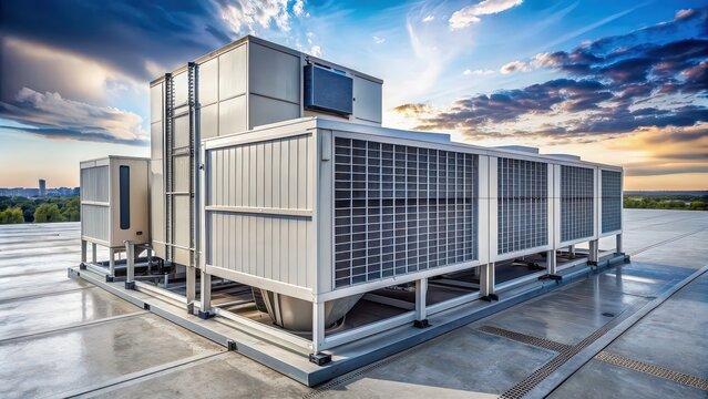 Condenser unit on rooftop of industrial building with HVAC equipment , rooftop, industrial, building