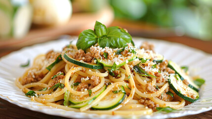 Delicious Spaghetti Pasta with Zucchini, Ground Meat, Basil, and Parmesan Cheese Tasty Italian Cuisine