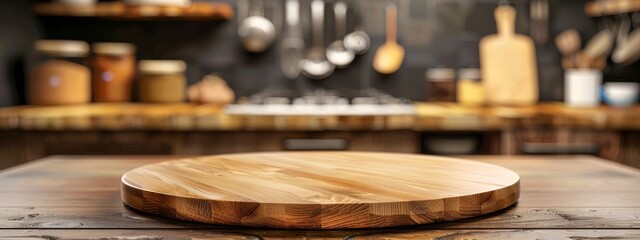 Obraz premium Round Wooden Pizza Board on a Kitchen Counter with a Modern Interior Design in blurred background