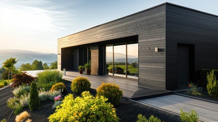 modern villa with external wood cladding painted in a dark, matte finish to contrast with the bright landscape