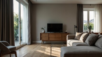 Interior of light living room with grey sofas, coffee table and large window
