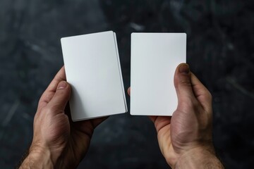 A person holding two blank index cards, possibly used for note-taking or as props