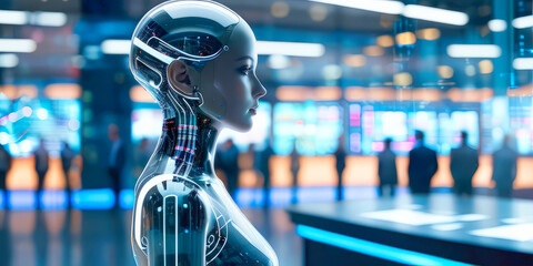 trading robot in the form of a human on a blurred background trading exchange