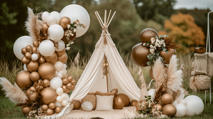 An array of white and gold balloons creatively decorate a teepee tent set up outdoors, invoking festivity and charm.