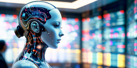 trading robot in the form of a human on a blurred background trading exchange