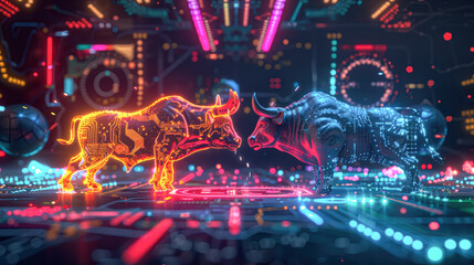 Obraz premium Cryptocurrency Clash Illuminated Digital World with 3D Holographic Symbols and Bull vs. Bear Figurines on Circuit Board Background