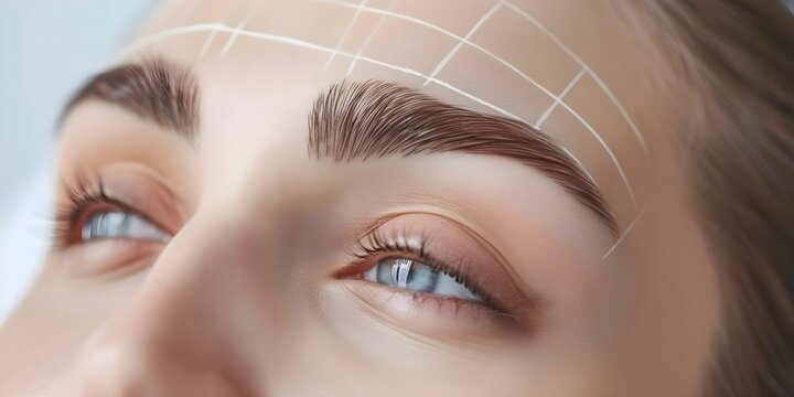 Closeup of womans face during eyebrow mapping for permanent makeup lamination. Concept Eyebrow Mapping, Permanent Makeup, Lamination Procedure, Beauty Industry, Closeup Photography
