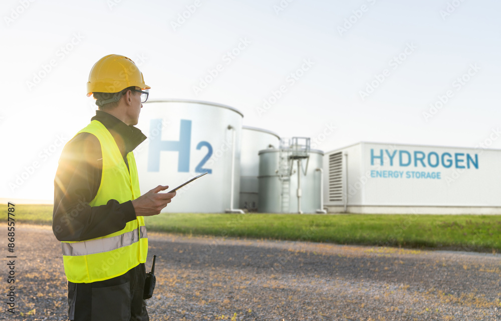Poster Engineer with tablet computer on a background of Hydrogen factory	