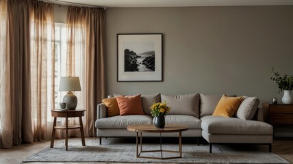 Interior of light living room with grey sofas, coffee table and large window