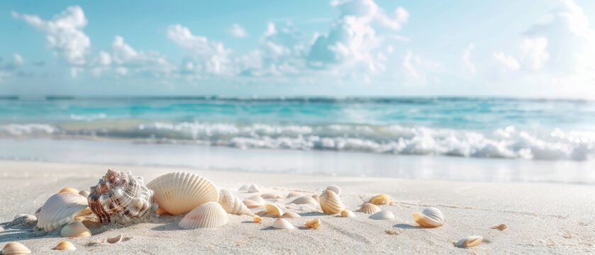 A beach scene with a large shell and many other shells scattered across the sand