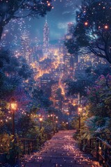 Fototapeta premium Enchanting Night Cityscape with Illuminated Pathway and Sparkling Lights in a Lush Urban Garden