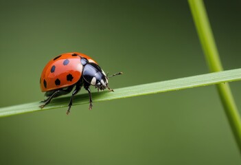 Fototapeta premium A green leaf with a ladybug (Coccinellidae), a small insect commonly known as a ladybird or ladybug
