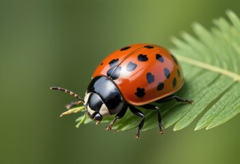 Fototapeta premium A green leaf with a ladybug (Coccinellidae), a small insect commonly known as a ladybird or ladybug
