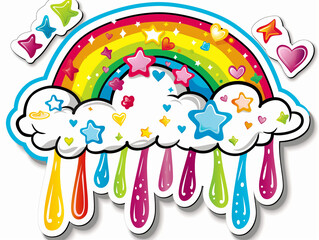Obraz premium A colorful rainbow emits stars and hearts in a playful, cartoon style, bringing joy and whimsical charm.