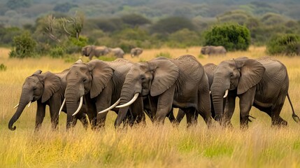 Fototapeta premium Synchronized Herd of Grazing Elephants in Impressionistic Savanna Landscape