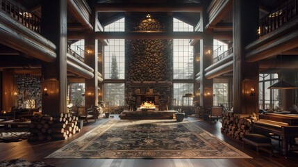 mountain retreat with a grand hall featuring walls of stacked log wood, embracing the rustic wilderness feel