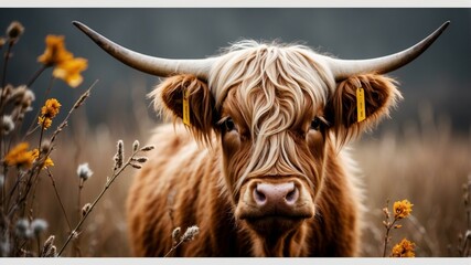 A highland cow with a shaggy coat and long horns stands in a field, surrounded by yellow flowers on a cloudy day.