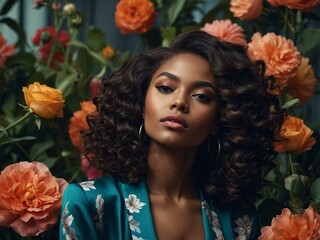 Naklejka premium A curly-haired woman in a floral dress with orange roses stands against a green backdrop, exuding grace and charm.