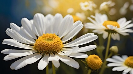 Naklejka premium Close-up of blooming white and yellow daisies bathed in warm sunlight, capturing their delicate beauty in a natural setting.