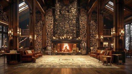 mountain ski lodge with a grand fireplace surrounded by walls of stacked logs, creating a cozy and inviting atmosphere