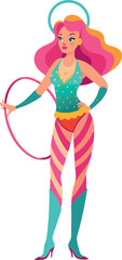 Illustration of a confident woman with long hair in colorful attire holding a hoop