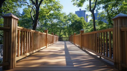 pedestrian bridge in a city park, featuring railings and decking made of durable, honey-toned oak wood