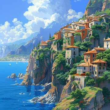 A scenic coastal town perched on a cliff.