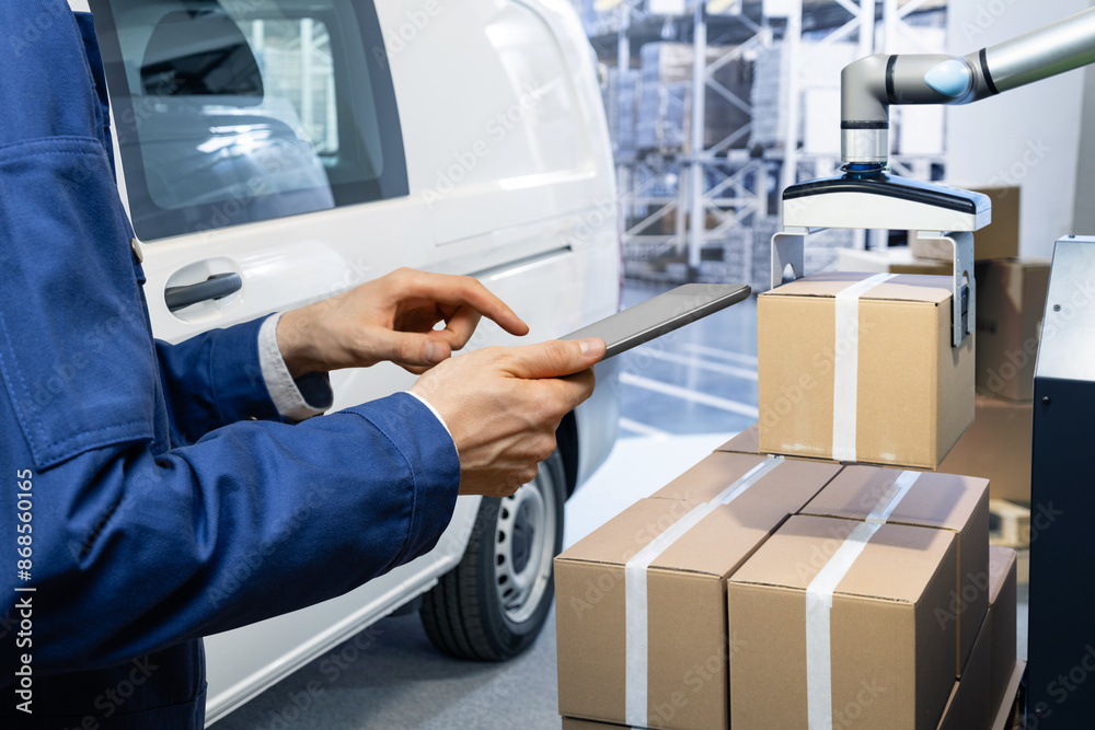 Aufkleber Warehouse manager with digital tablet controls robot