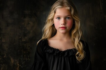 Fototapeta premium A young girl posing for a photo wearing a black dress, great for editorial and lifestyle photography