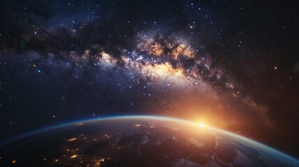 Naklejka premium Stunning Landscape of Milky Way Galaxy with Sunrise and Earth View from Space
