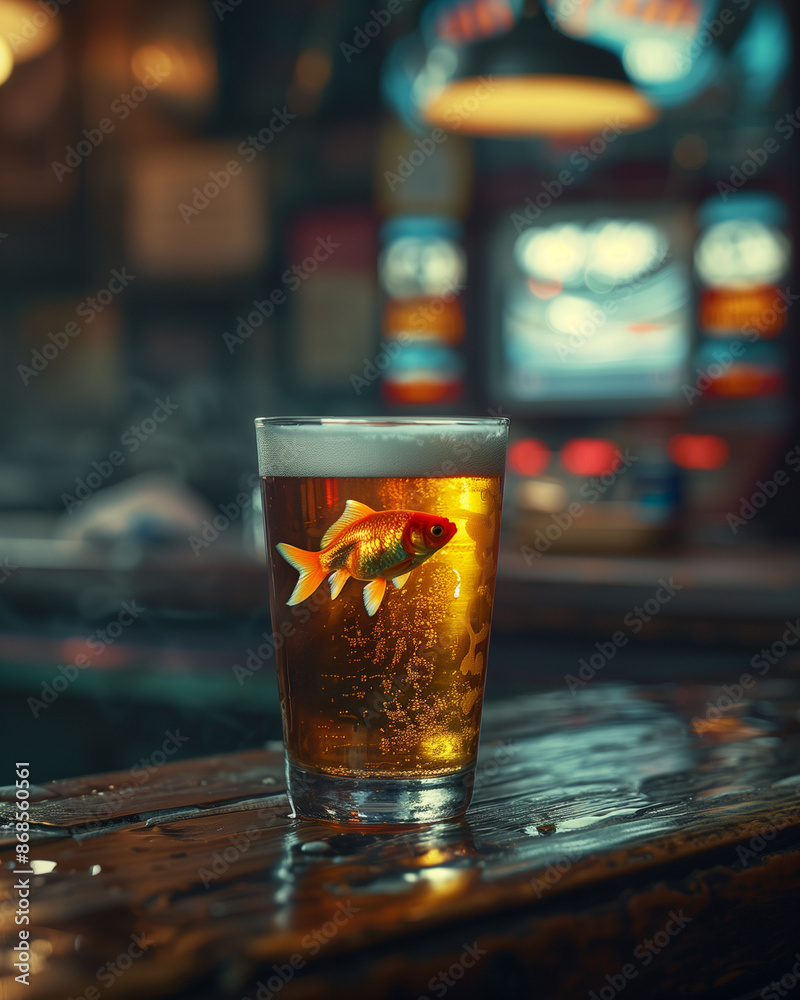 Sticker glass of in beer with Goldfish on a bar counter