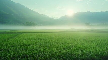 Fototapeta premium expansive views of rice fields with beautiful mountain backdrops