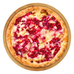 sweet pizza with berries and pineapples, isolated on white background, full depth of field