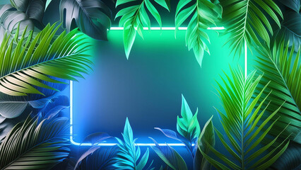 Fototapeta premium Green and Blue Neon Light with Tropical Leaves, Copy space