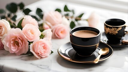 "Transport yourself to a serene morning with this flat lay featuring a black coffee cup on a white saucer, a gold spoon, and a small pink flower on a white marble surface. The natural light highlights