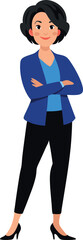 Fototapeta premium Confident businesswoman illustration with crossed arms, wearing a blue blazer, black pants, and heels