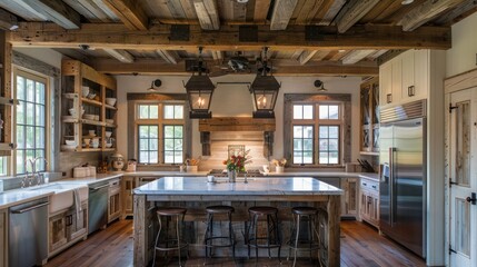 rustic farmhouse kitchen with ceiling beams and walls clad in reclaimed barn wood, offering a touch of history and warmth